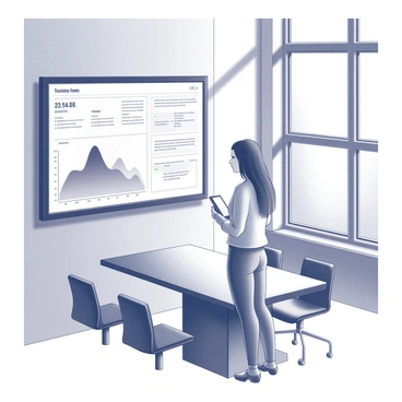 A large interactive screen is mounted on the wall of a modern office. The screen displays a three-dimensional bilan graph, showcasing various data points and trends. The office features a sleek design with contemporary furniture, including a polished conference table and ergonomic chairs. In the foreground, a person stands, analyzing the graph while holding a tablet in one hand. Natural light filters through large windows, illuminating the space and reflecting off the glossy surfaces.