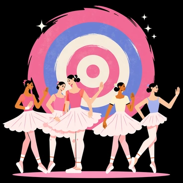 A group of ballet dancers in elegant poses, wearing flowing pastel tutus, is performing on a dark stage. The dancers are captured mid-movement, showcasing their grace and athleticism. Behind them, a vibrant spiral galaxy backdrop fills the scene with vivid colors, swirling pinks, blues, and whites, mimicking the appearance of stars and cosmic dust. Soft beams of light illuminate the dancers, highlighting their form and expressions as they connect with the cosmic theme surrounding them. The overall atmosphere conveys a sense of harmony between dance and the universe.