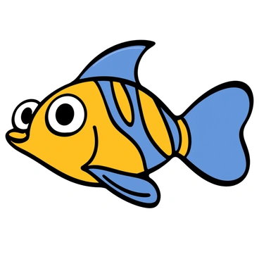 Close-up of a zebrafish with big eyes, showcasing its vivid blue and yellow stripes. The scales are shiny and reflect light, emphasizing the unique pattern of the stripes. The fish is swimming slightly tilted, allowing a clear view of its dorsal fins. The background is a soft, blurred aquatic environment, accentuating the fish's bright colors and details.