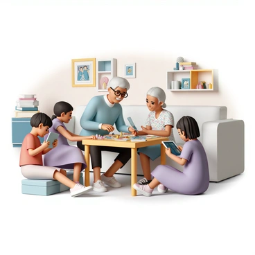 A pair of grandparents, a man wearing a light blue sweater and glasses, and a woman in a floral blouse, are sitting at a wooden table in a cozy room. They are engaged in playing a board game, with a colorful game board and pieces spread out in front of them. The room has warm lighting, decorated with family photos on the walls and a shelf filled with books and knick-knacks. Nearby, two children, a boy wearing a red t-shirt and a girl in a purple dress, are sitting on a couch, each with a tablet in hand, playing the same board game online. They are focused on their screens, smiling and occasionally glancing at their grandparents.