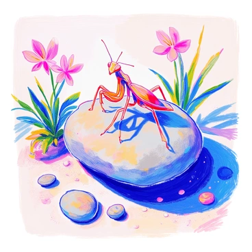 An orchid mantis with delicate, vibrant markings is perched calmly on a smooth, gray zen garden rock. The mantis has long, slender legs and a body that mimics the appearance of an orchid flower. Surrounding the rock, fine white sand is meticulously raked into gentle patterns. There are small, carefully placed pebbles nearby, adding to the serene composition. A few green sprigs of moss peek out from the edges of the rock, enhancing the natural atmosphere. Soft sunlight casts subtle shadows, creating a peaceful ambiance.