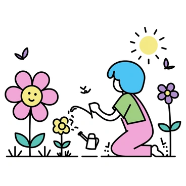 A cartoon character with bright blue hair is kneeling in a whimsical garden. The character is wearing a green shirt and pink overalls. Around them, there are oversized flowers in various colors, including red, yellow, and purple, towering above the character. The character is holding a small watering can, pouring water onto a large flower with a smiling face. In the background, there are more fantastical plants and butterflies fluttering about. The sun is shining brightly, casting a warm light over the vibrant garden scene.