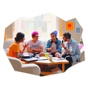 A lively group of four characters engaged in a heated discussion about who is a "true" fan of their favorite band. One character, wearing a vintage band t-shirt and holding a vinyl record, gestures passionately as they make their point. Another character, with brightly colored hair and headphones around their neck, crosses their arms and raises an eyebrow skeptically. The third character, sporting a beanie and a denim jacket adorned with band patches, leans forward, listening intently while sipping from a coffee cup. The fourth character, wearing oversized glasses and a concert wristband, takes notes on their phone, capturing the debate. They are gathered in a cozy living room decorated with posters and memorabilia of the band, creating an animated atmosphere filled with energy and enthusiasm.