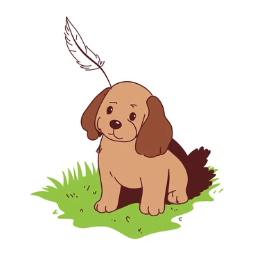 A dog with its nose lightly touching a feather floating in the air