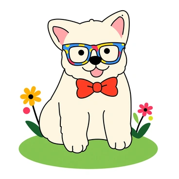 A small, fluffy dog with white fur sitting on a patch of green grass. The dog is wearing a pair of oversized, colorful glasses that have a playful design. Around its neck, there is a bright red bow tie that stands out against its fur. The dog's ears are perked up, and it has a cheerful expression, with its tongue sticking out slightly. In the background, there are a few colorful flowers blooming, adding to the vibrant scene.