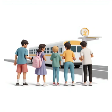 A group of four children is standing at a bus stop, eagerly anticipating their ride. Two boys, one wearing a blue t-shirt and red shorts, and the other in a green hoodie and black pants, are chatting excitedly. A girl with pigtails, dressed in a purple dress and white sandals, is holding a pink backpack while looking towards the approaching bus. Next to her is another girl, wearing a yellow t-shirt and blue jeans, who is checking her watch. The white school bus, with bright yellow accents, is rolling down the street towards the bus stop. The scene captures the anticipation and excitement of the children as they prepare to board the bus.