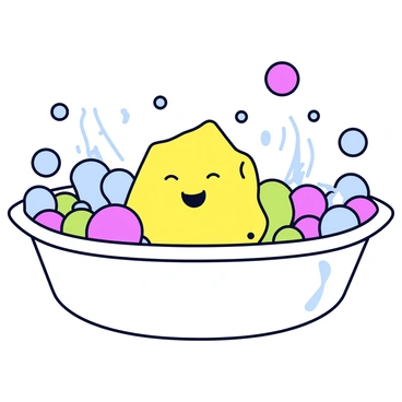 A playful sponge bouncing around in a bathtub filled with colorful bubbles.