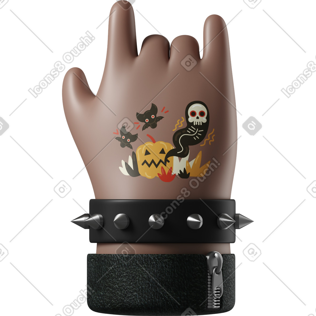 Ilustración Mano de piel marrón rockero con un tatuaje que muestra el signo rock en estilo 3D Hands Fun&Wild a descargar en PNG y SVG