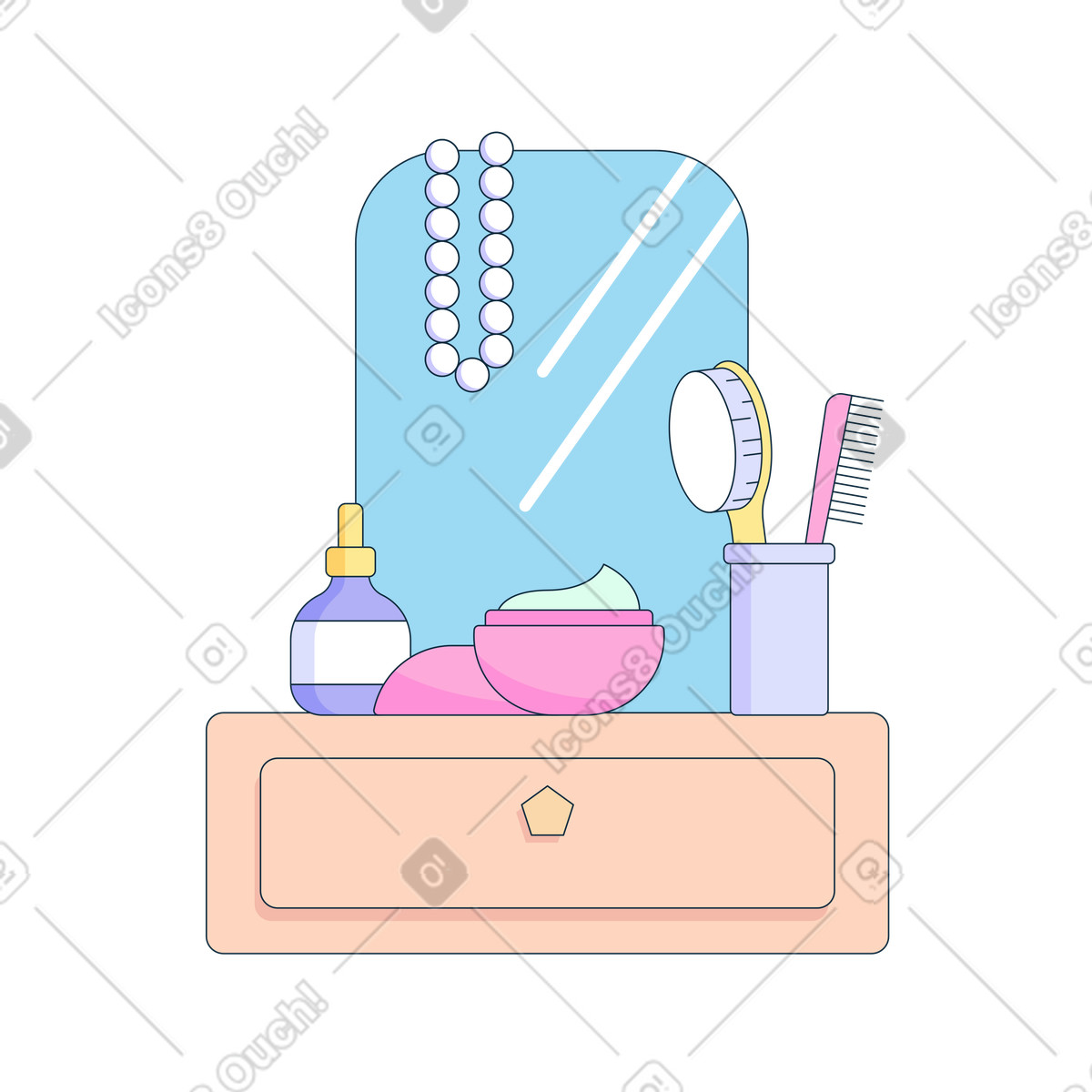 Vanity mirror with face cream, hairbrush and comb illustration in Bubble gum style download in PNG, SVG