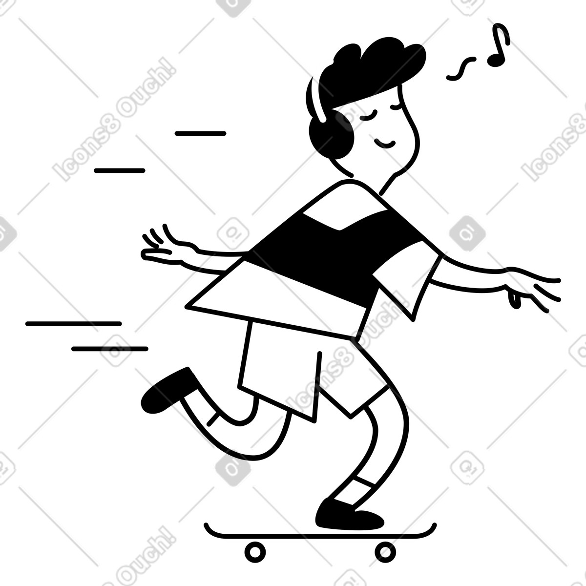 Skateboard rider balancing playfully wearing headphones and casual clothes illustrazione in stile Notion Line Art scarica in PNG, SVG
