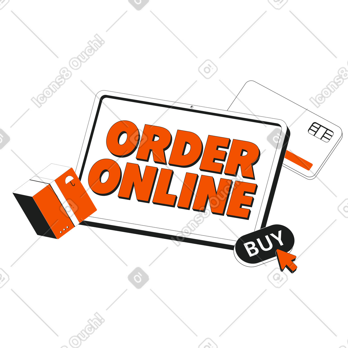Order online lettering on tablet screen, Internet purchasing concept illustration in Strict style download in PNG, SVG