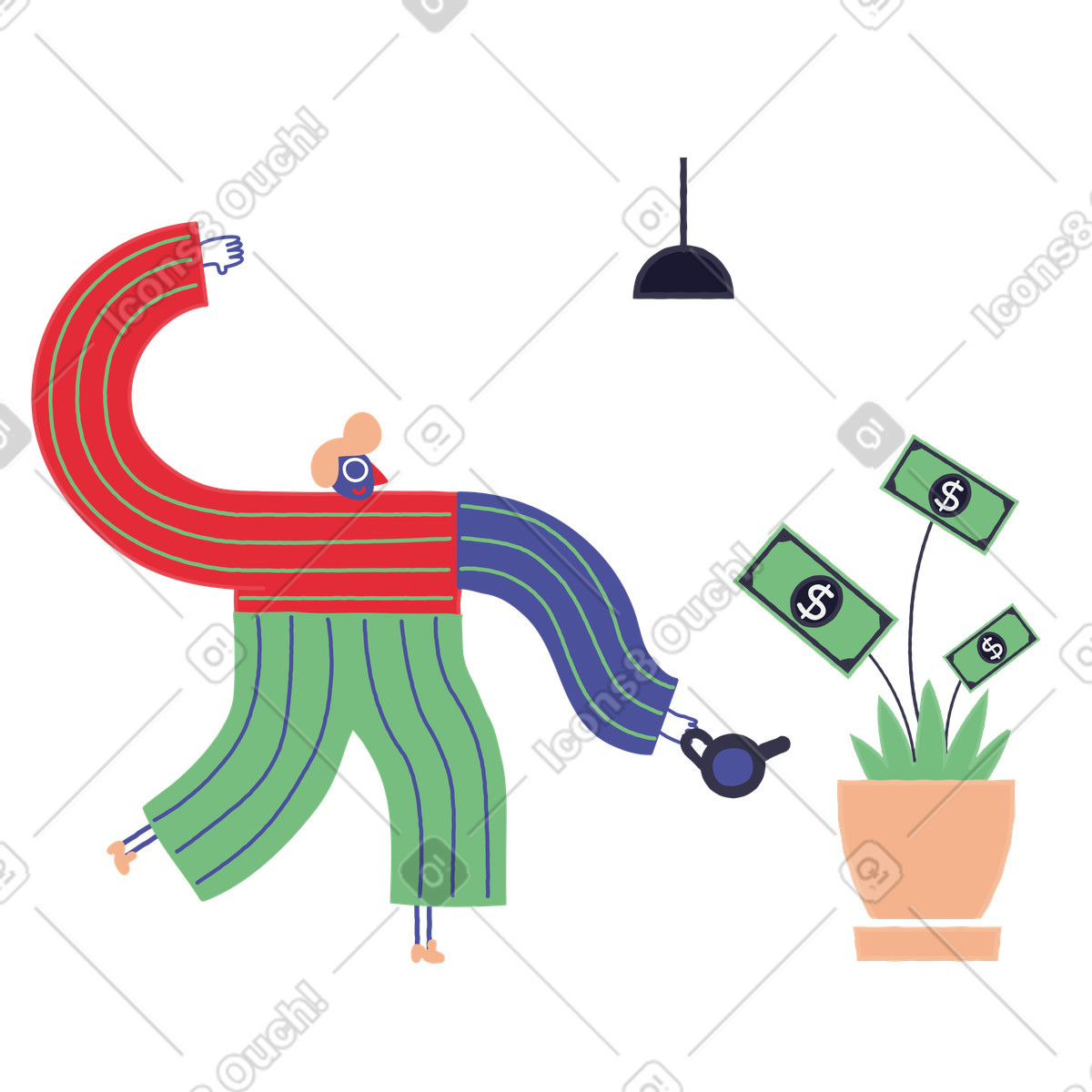 Illustration Homme arrosant une plante d'argent en pot dans le style Stripy à télécharger aux formats PNG, SVG