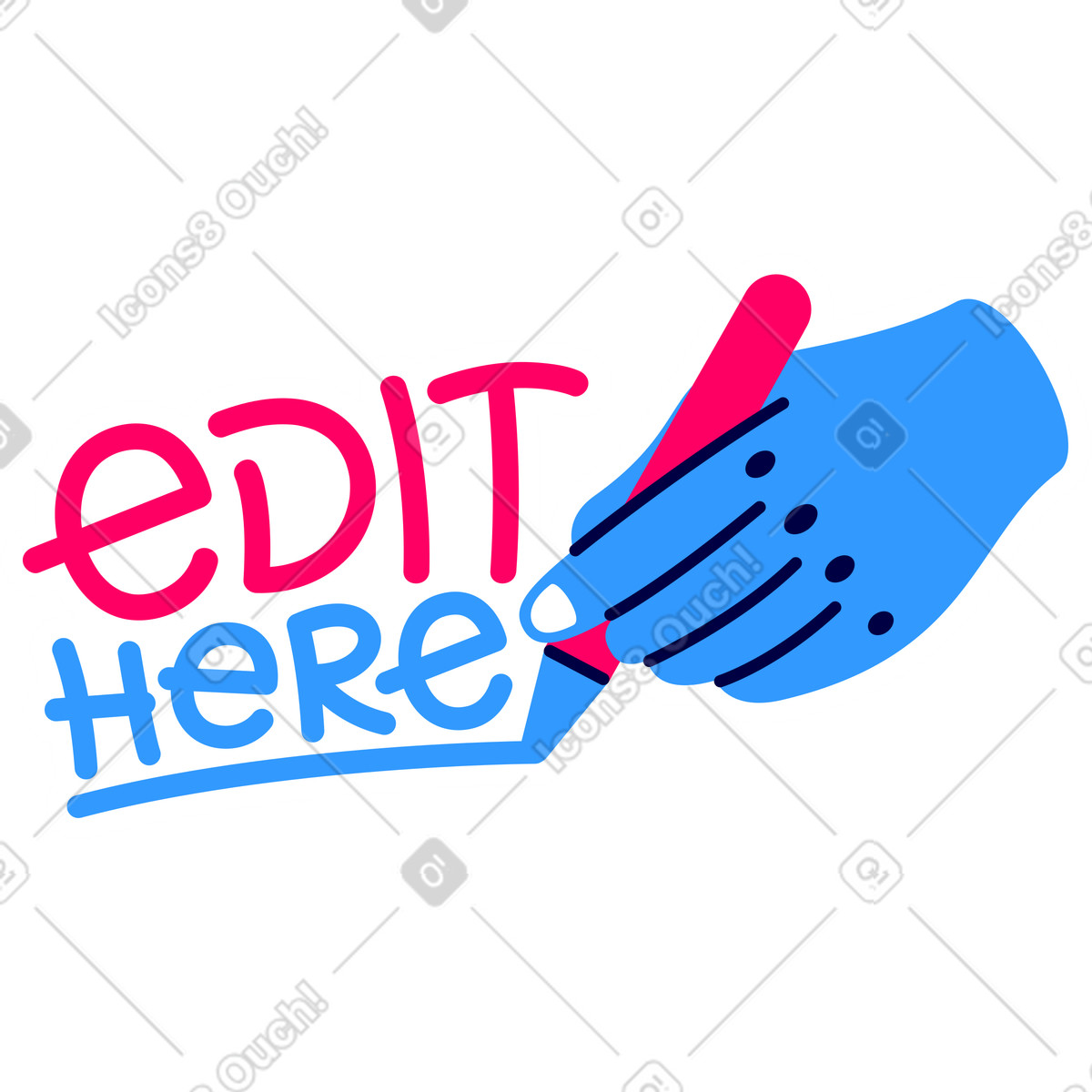 Ilustração animada de Mão etiqueta letras com edição lápis aqui em no estilo Rondy Stickers para baixar em GIF, Lottie (JSON), AE