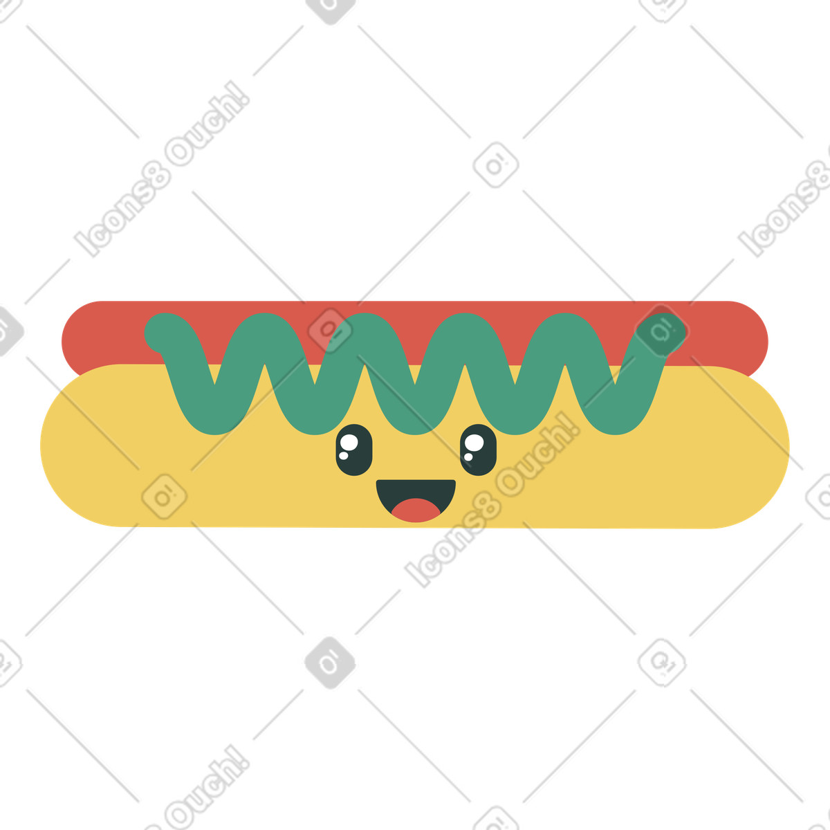 Ilustración Lindo hot dog sonriente con salsa en estilo Macaroni a descargar en PNG y SVG