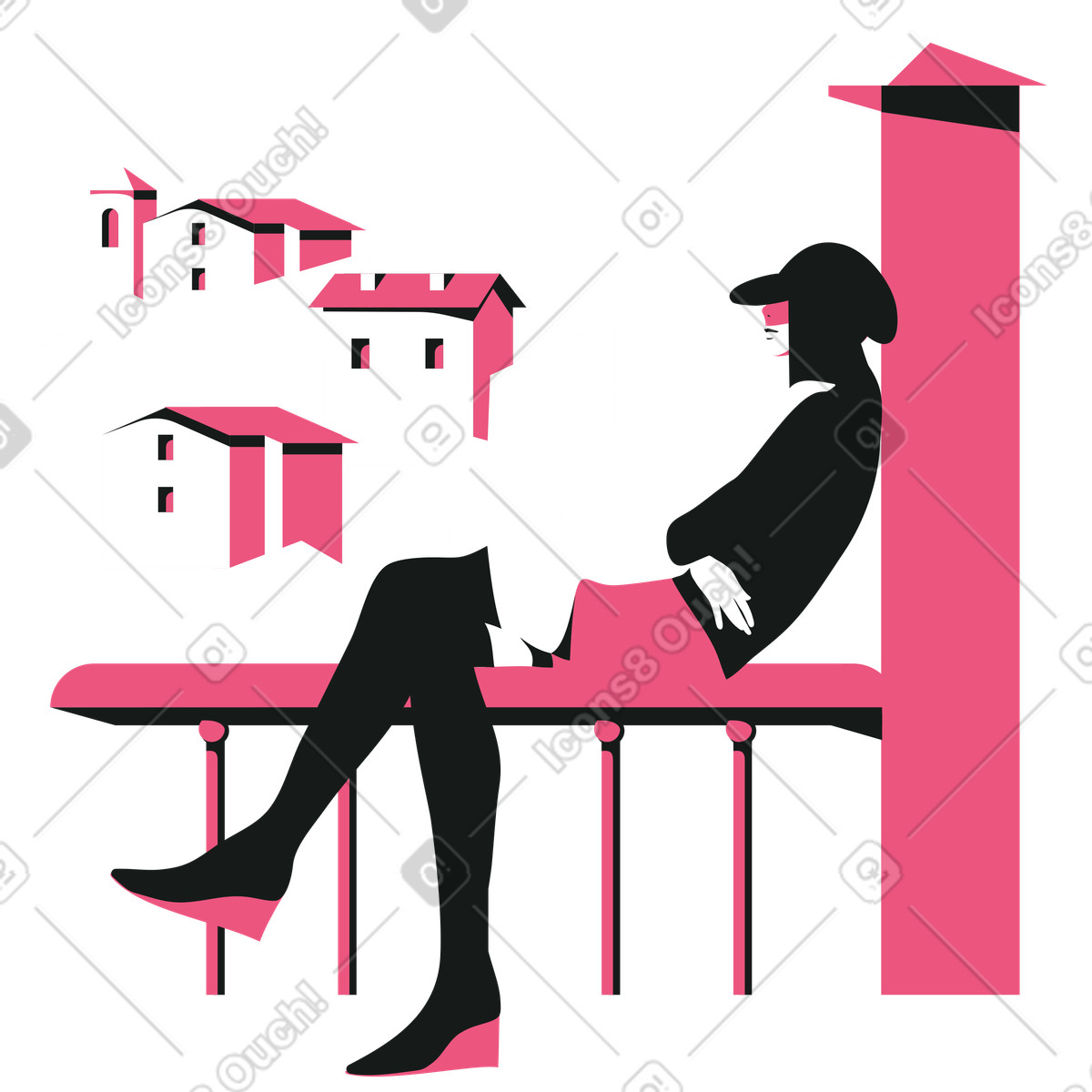 Woman sitting on the railing and dreaming illustration in Lounge style download in PNG, SVG