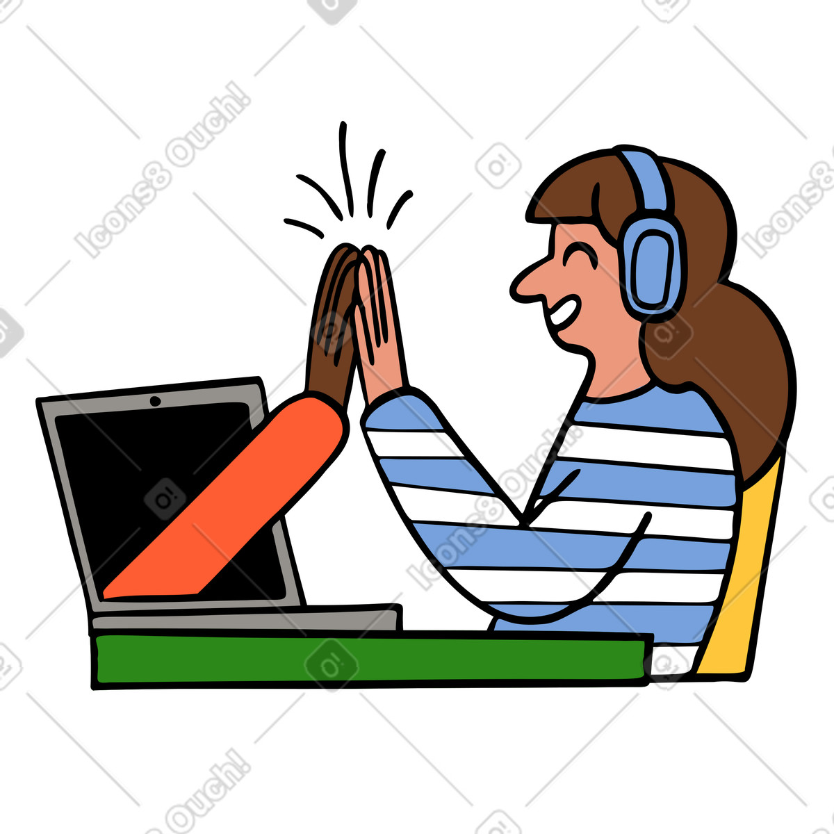 Ilustração de Mulher dando high five para colega trabalho por videochamada online em no estilo Comic baixar em PNG, SVG