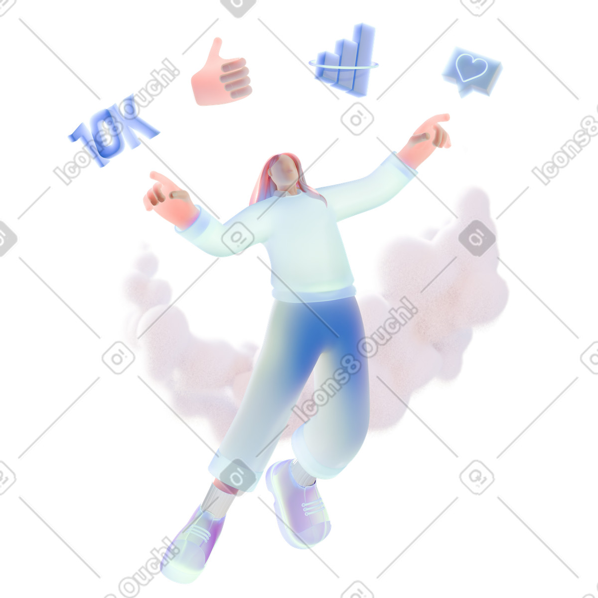 Celebrazione del successo marketing sui social media, feedback online positivi e crescita della community illustrazione animata in stile 3D Airy scaricabile in GIF, Lottie (JSON), AE