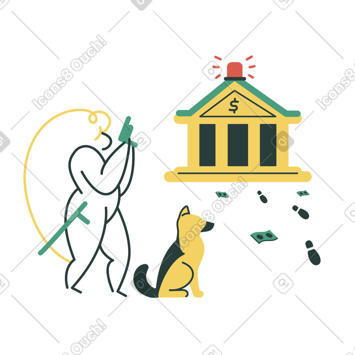 Ilustración Una mujer policía llega a un robo banco en estilo Macaroni descargar en PNG y SVG