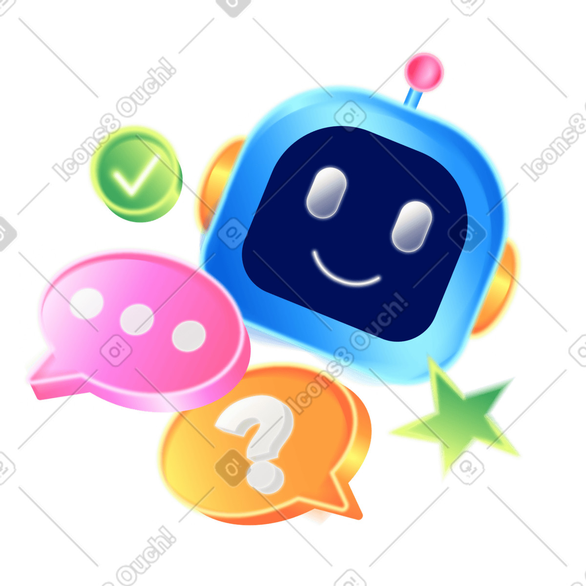 Smiling chatbot with chat bubbles, Automated customer service illustration in PNG, SVG