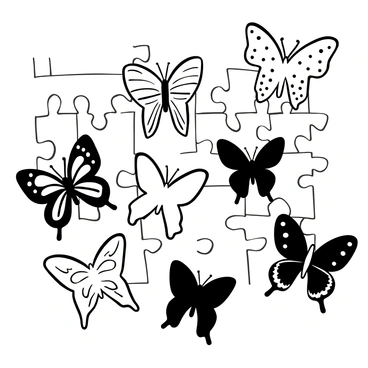 A black-and-white illustration of a puzzle composed of interlocking pieces. Each piece is uniquely shaped like different butterfly species. The puzzle is partially completed, with some pieces in place and others nearby, showcasing intricate patterns and designs characteristic of butterflies. The background features a subtle texture that emphasizes the puzzle's details.