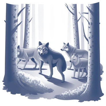 An alpha grey wolf standing confidently at the front of a pack of wolves. The wolf has a thick grey coat with hints of black fur, and its piercing eyes are focused ahead. It moves gracefully through a dense forest, surrounded by tall trees with intricate bark patterns and lush undergrowth. The early morning light filters through the branches, casting delicate shadows on the forest floor. The rest of the pack follows closely behind, each wolf displaying a variety of shades of grey, with some having white accents. The atmosphere is filled with the sense of unity and strength as they navigate the forest together.
