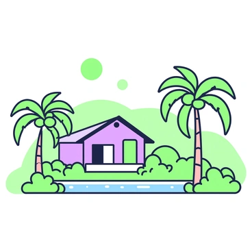 A small house is situated in an oasis surrounded by palm trees. The house features a simple design with a slanted roof and a small porch. In the foreground, several palm trees arch gracefully, their fronds gently swaying in the breeze. A clear pool of water reflects the sky and the greenery around it. The vast desert stretches in the background, with rolling dunes gently illuminated by the sun. The scene conveys a sense of tranquility in the midst of the expansive landscape.