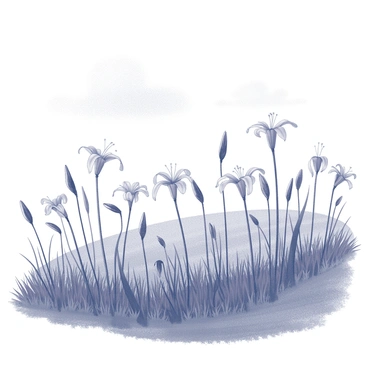 A vast meadow extends into the distance, covered in an abundance of spider lilies. The flowers have long, slender stems and unique long, thin petals that curve elegantly, creating a striking visual effect. Each flower stands tall as they sway gently in the breeze. The meadow is dotted with patches of tall grass, adding texture to the landscape. Soft clouds drift across the sky, casting delicate shadows over the flowers and the surrounding area.