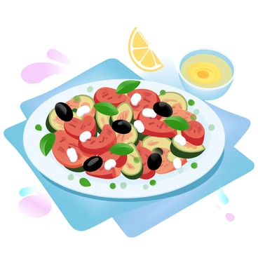 A plate is filled with a vibrant Mediterranean dish, featuring a colorful mix of grilled vegetables, olives, and feta cheese. The dish is garnished with fresh basil leaves sprinkled on top. The plate is placed on a textured tablecloth, adding depth to the presentation. The surrounding area includes a small bowl of olive oil and a wedge of lemon for drizzling, enhancing the visual appeal of the scene.