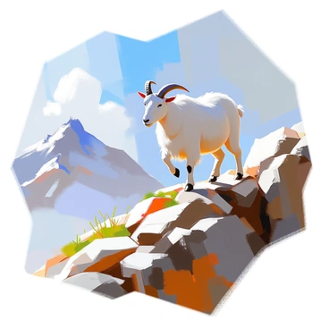 A mountain goat with a thick white coat and curved horns is skillfully navigating steep rocky cliffs in an alpine setting. The goat’s hooves grip the jagged stones with precision as it ascends the rugged terrain. In the background, snow-capped peaks rise majestically against a clear blue sky, and patches of green vegetation are visible among the rocks. A few scattered clouds drift lazily above, adding depth to the expansive landscape. The scene captures the determination and agility of the goat in its natural habitat.