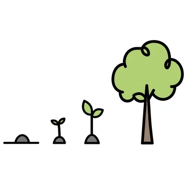 A small seedling with two leaves emerges from the soil in the first image of the sequence. In the next image, the seedling grows taller, developing a few more leaves and a thin stem. The following image shows the tree increasing in height, with a thicker trunk and a more robust canopy of green leaves. In the final image, the tree stands tall and full, showcasing a dense, leafy crown, with a sturdy trunk that supports its vibrant foliage.
