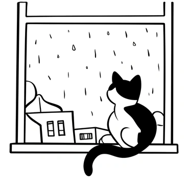 A tom kitten with soft fur sitting on a windowsill, gazing at raindrops sliding down the glass. The raindrops create streaks on the window, while outside, blurred outlines of trees and buildings can be seen. The kitten is in a relaxed position, with its tail curled around its body, focused on the droplets. The light enters through the window, casting gentle shadows around the kitten.