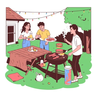 A group of four friends is gathered in a spacious backyard, enjoying a barbecue. They are standing around a large black grill, which is filled with sizzling hot dogs and burgers. One friend is flipping burgers with a spatula while another is holding a plate piled high with freshly cooked food. Nearby, there is a wooden picnic table set with colorful plates, cups, and a large pitcher of lemonade. The grass is lush and green, and there are decorative string lights hanging from trees, creating a festive atmosphere.