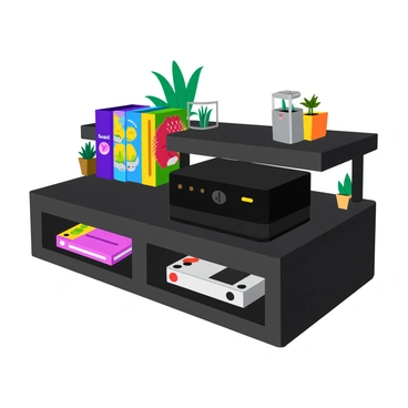 A stylish entertainment unit made of dark wood with clean lines. On the shelf, there is a colorful arrangement of various game titles, including boxes with vibrant cover art. A black gaming console sits prominently on the shelf, with a sleek design and glowing power indicator. The background is decorated with small plants and decorative items that add a modern touch. The lighting highlights the details of the game titles and console, creating an inviting atmosphere.