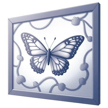 A large stained glass window showcases a butterfly in flight. The butterfly is intricately designed with detailed wing patterns and various geometric shapes forming its body and wings. Surrounding the butterfly are decorative elements, including twisting vines and leaves, creating a natural frame. The window has a rich texture, highlighting the interplay of light as it filters through the glass, casting delicate shadows on the surface below.