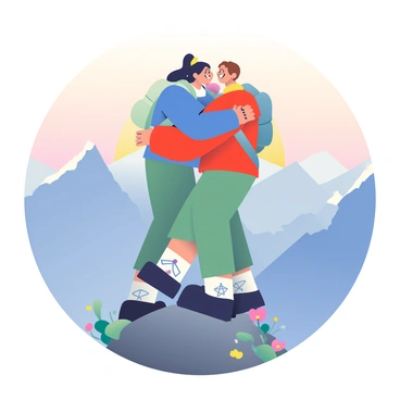 Two hikers, one with short brown hair and wearing a blue jacket, and the other with long black hair in a ponytail and wearing a red jacket, are embracing in a celebratory hug on a mountain peak. The sky behind them is painted in soft hues of orange and pink as the sun rises. Below the peak, rugged mountain ranges stretch into the distance, partially shrouded in mist. The ground is rocky and adorned with patches of green grass and small wildflowers. Both hikers have backpacks slung over their shoulders, and their faces are filled with joy and accomplishment.