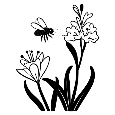 A honeybee hovering over a "vibrant red gladiolus flower," with its wings spread wide and legs poised for landing. The flower has multiple long, slender petals that curl elegantly. The bee's body is covered in fine hairs, glistening with droplets of nectar. The background features additional gladiolus flowers in various stages of bloom, creating a lush, detailed scene.