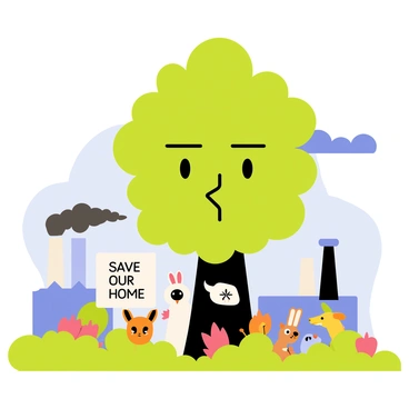 A cartoon featuring a large tree in the center with a face, looking concerned. Around the tree, a group of colorful animals, including a rabbit, a deer, and a bird, are gathered, all showing expressions of worry. In the background, a factory with smokestacks emits dark clouds, contrasting sharply with the green landscape. The sky is a mix of blue and gray, depicting a change in weather due to pollution. A sign near the tree reads "Save Our Home," emphasizing the theme of environmental conservation.