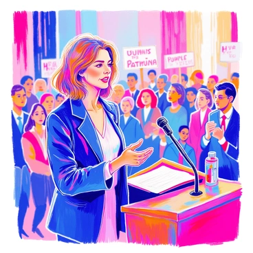 A woman with shoulder-length brown hair is standing at a podium. She is wearing a navy blue blazer and a white blouse. Her hands are gesturing emphatically as she speaks. The podium has a microphone and a small flag of her political party behind it. In the background, a diverse audience is listening intently, with some individuals holding signs that display support for her message. Bright lights illuminate the stage, highlighting her expression of determination and enthusiasm.