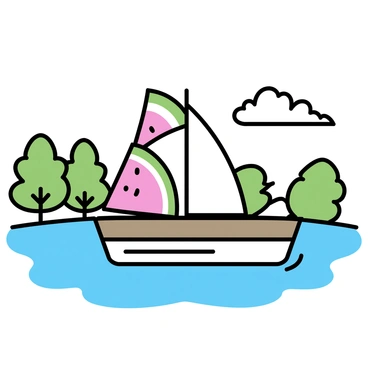 A small sailboat with a wooden hull is gliding smoothly across a calm lake. The sails are made of vibrant watermelon slices, showcasing their red flesh and green rind. The boat's sail is billowing gently in the breeze, casting a playful shadow on the water below. Reflections of the watermelon sails shimmer on the lake's surface, surrounded by lush green trees lining the shore. The sky is clear with a few fluffy white clouds drifting by.