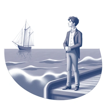 A young man, dressed in period-appropriate attire, stands on the deck of a ship. He is gazing intently into the distance, where the ocean meets the sky at a faint horizon line. The ship is a classic sailing vessel, with billowing sails and a wooden hull. The waves of the ocean are illustrated with intricate detailing, showcasing their movement and texture. The man's expression reflects contemplation and wonder as he takes in the vastness of the endless ocean surrounding him. A breeze ruffles his hair, adding to the dynamic nature of the scene.