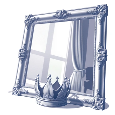 A large, ornate mirror with intricate details frames the image of a crown. The crown, adorned with elaborate designs and embellishments, rests on a polished surface in front of the mirror. The royal chamber features rich textures, including plush drapes and finely crafted furniture that enhance the luxurious atmosphere. Soft light filters into the room, casting gentle shadows that highlight the crown and mirror, creating a striking visual contrast. The reflection captures the crown's elegance and the ornate character of the mirror, framing the scene with grandeur.