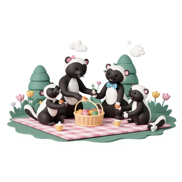 A family of three skunks, each with distinct black and white striped fur, is gathered on a checkered picnic blanket. The mother skunk, wearing a small red bow on her head, is arranging an assortment of colorful fruits in a wicker basket. The father skunk, sporting a cute blue bowtie, is pouring juice into two small cups. Their young skunk, with a tiny green hat, is playfully reaching for a sandwich, grinning with excitement. The park is filled with green grass, blooming flowers, and a few trees in the background, creating a cheerful atmosphere.