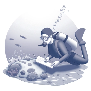 A scuba diver is positioned underwater, holding a notepad and a pencil. The diver is wearing a full diving suit and a mask, with bubbles rising to the surface around them. The coral reef nearby appears damaged, with bleached and misshapen corals. The underwater environment is filled with various marine life, including a school of small fish swimming around the reef. Sunlight filters through the water, creating patterns on the ocean floor. The diver is focused on their notes, capturing observations about the state of the reef.