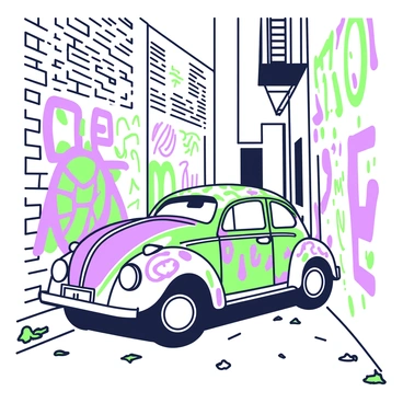 A Beetle car is parked in a narrow urban alleyway. The car's surface is covered in vibrant graffiti featuring various patterns and designs. The graffiti includes abstract shapes and colorful lettering that adds to the eclectic look of the vehicle. Surrounding the car, the alleyway has brick walls adorned with additional splashes of graffiti, creating a lively urban atmosphere. Above, a fire escape ladder is visible, and on the ground, there are scattered leaves and small pieces of litter, contributing to the gritty scene.