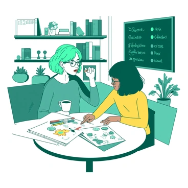 A teal artist with short hair is sitting at a round white table in a quaint café, sipping from a white coffee cup. Opposite the artist, a yellow client with glasses is leaning forward, engaged in conversation. The table is scattered with various sketches and colorful markers. In the background, there are shelves filled with books and plants, and a chalkboard menu hanging on the wall. Light streams through the window, casting soft shadows over the scene. The artist and client are animatedly discussing ideas, pointing at the sketches with enthusiasm.