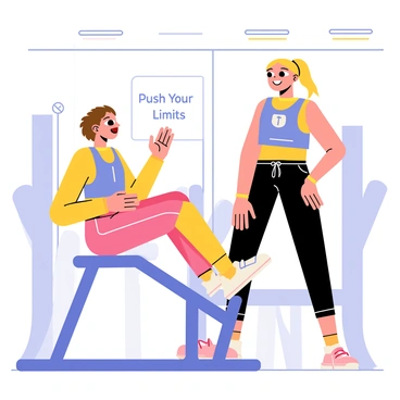 Two friends are in a gym, taking turns on a leg curl machine. One friend, with short brown hair, is sitting on the machine, working out and focusing on their form. The other friend, with long blonde hair tied in a ponytail, stands beside them, offering encouragement with a big smile. The gym has bright overhead lights, and various gym equipment can be seen in the background. Both friends wear matching workout clothes, and there is a motivational quote on the wall behind them that says, "Push Your Limits."