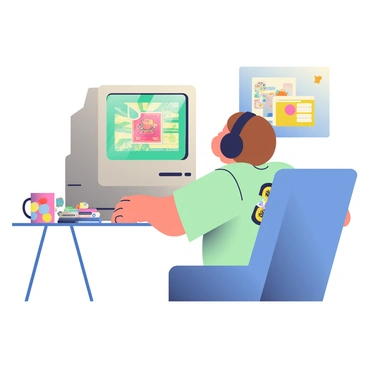 A person with short brown hair is sitting at a wooden desk, excitedly playing a DOS game on a retro computer setup. The computer is beige with a bulky monitor displaying pixelated graphics from the game. The gamer is wearing a graphic t-shirt featuring a classic game character and a pair of black headphones. There are colorful retro gaming posters on the wall behind the desk. On the desk, there are a few vintage game cartridges scattered around, alongside a mug filled with colorful gaming-themed stickers. The room is dimly lit, giving a cozy atmosphere to the gaming experience.