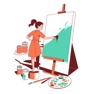 An orange artist is standing in front of a large white canvas, splashing teal paint onto it with energetic strokes. The artist has a focused expression, and their hair is pulled back into a messy bun. There are various paintbrushes scattered on the ground, along with a palette covered in multiple colors. Behind the artist, there are paint cans of different sizes, some open, with colors dripping slightly. The scene is filled with splatters of paint around the canvas area, showcasing the artist's dynamic movement.