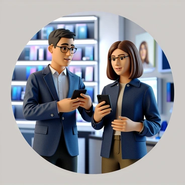 A tech-savvy salesperson with short, styled hair and wearing a crisp blue shirt stands next to a customer. The customer, a middle-aged woman with shoulder-length brown hair, is examining a sleek black smartphone. The mobile store features brightly lit shelves displaying various smartphone models and accessories. A promotional poster showcasing the latest smartphones is visible in the background. The salesperson is gesturing towards the smartphone in the customer's hand, highlighting its features, while the customer appears engaged and thoughtful.