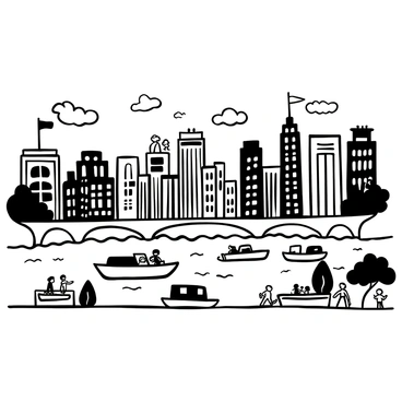 Boats and barges floating on a wide river, with numerous skyscrapers towering in the background. The riverbank is lined with people walking and chatting. Some individuals are sitting on benches, observing the scene. A bridge spans across the river, with cars and pedestrians crossing. The water is rippling gently, reflecting the outlines of the boats. There are flags waving from the masts of the boats, and scattered clouds in the sky above.